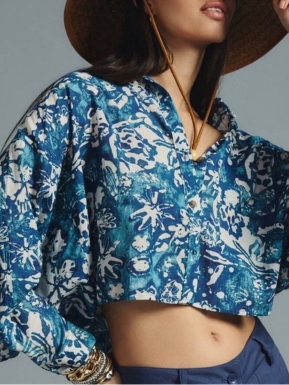 Pilcro Anthropologie Blue Floral Cropped Button-Front Women's Top Sz Small